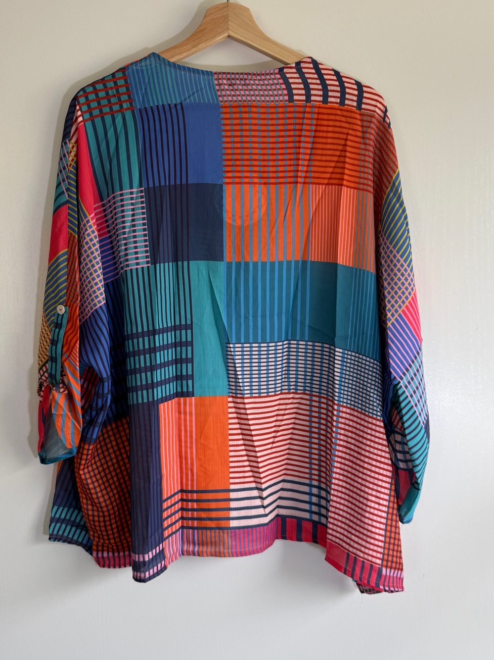 Umgee Multicolor Patchwork Striped Sport Blouse Top - Blue, Orange, Pink, Teal - Picture 2 of 4